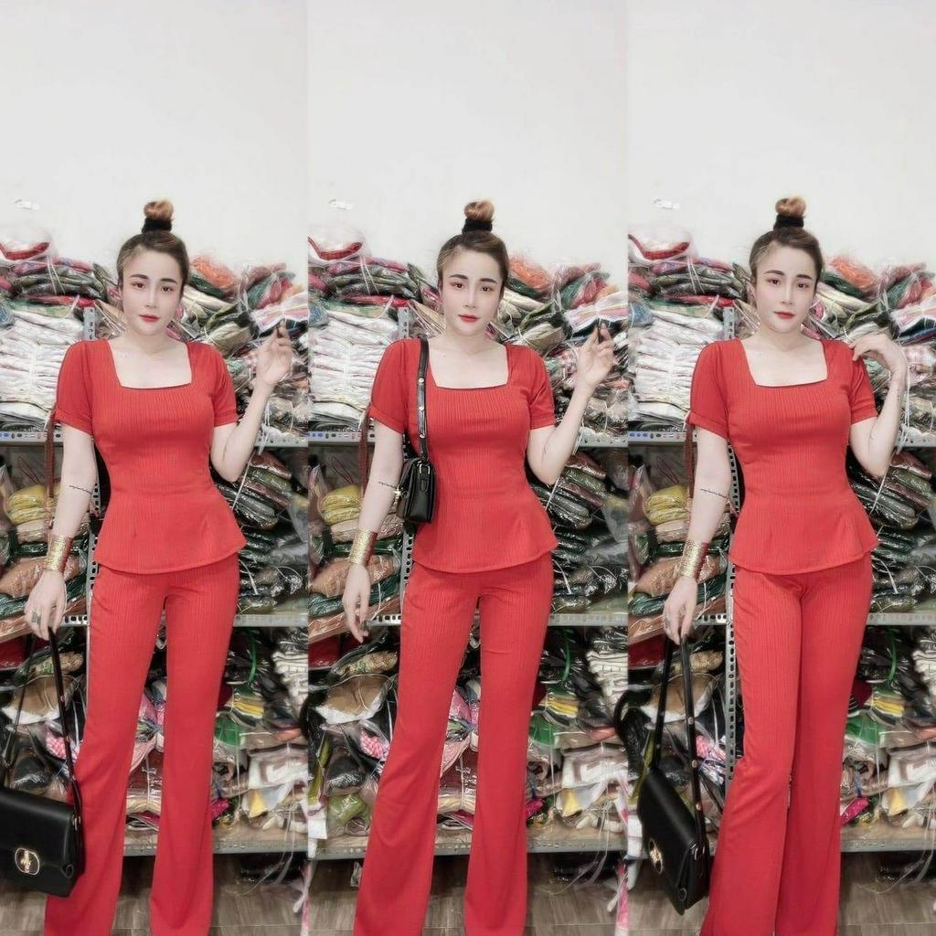Đồ bộ nữ, set đồ bộ quần ống loe đai bản cạp cao có túi và áo ngắn tay lai bầu cổ vuông thun cotton gân, bộ đồ mặc nhà