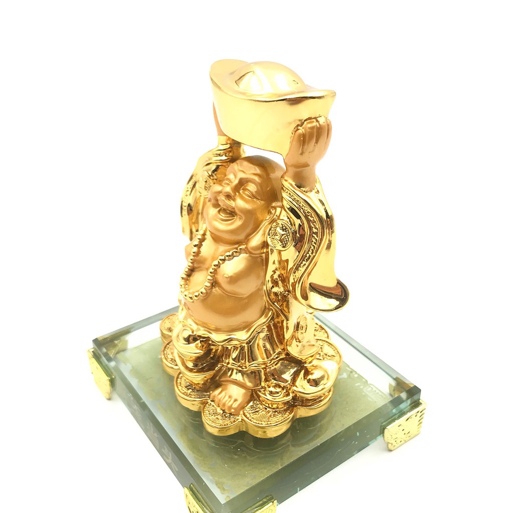 Tượng ông Di Lạc nhỏ đứng cầm ngân lượng phong thủy