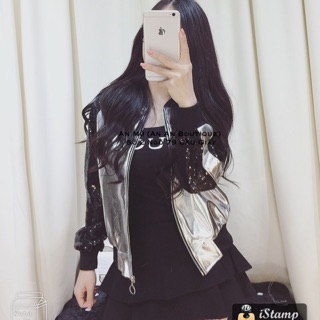 Áo bomber da phối tay kim sa