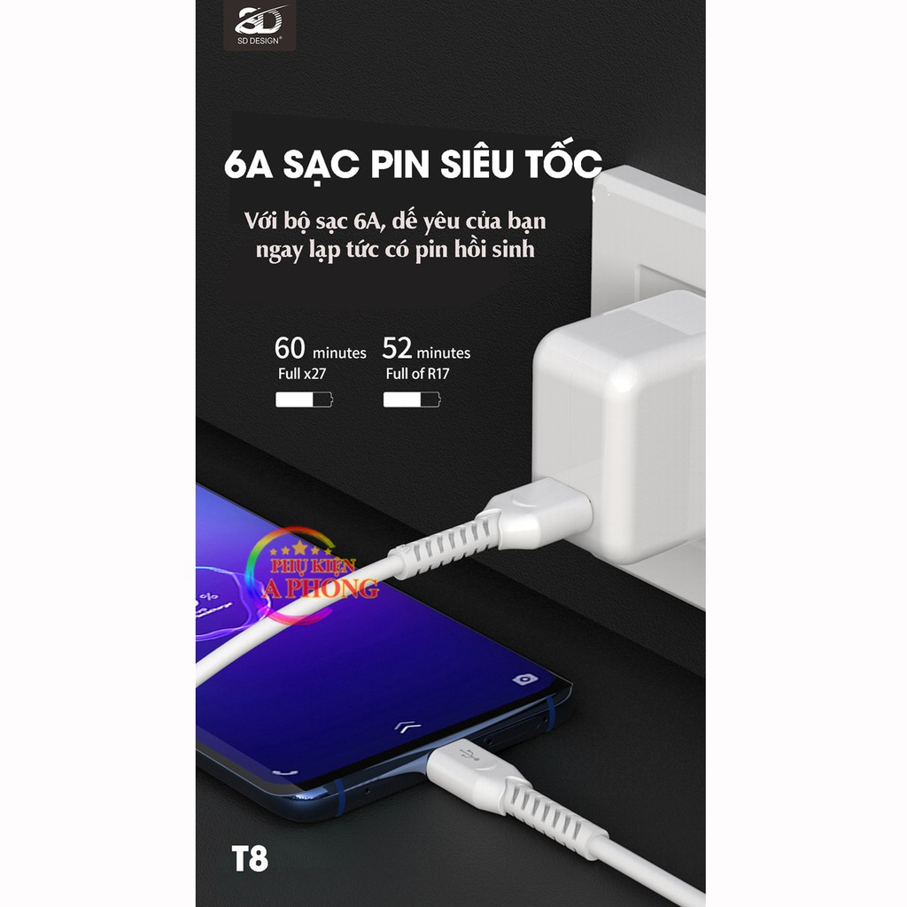 CÁP SẠC NHANH SIÊU TỐC T8 6A - Chính hãng SD - Sạc nhanh không hại pin cho Iphone, Samsung, Oppo - Bảo hành 12 tháng