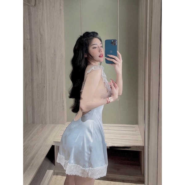 Váy ngủ lụa hai dây cánh tiên chân ren khoét lưng sexy, đầm ngủ nữ mặc nhà