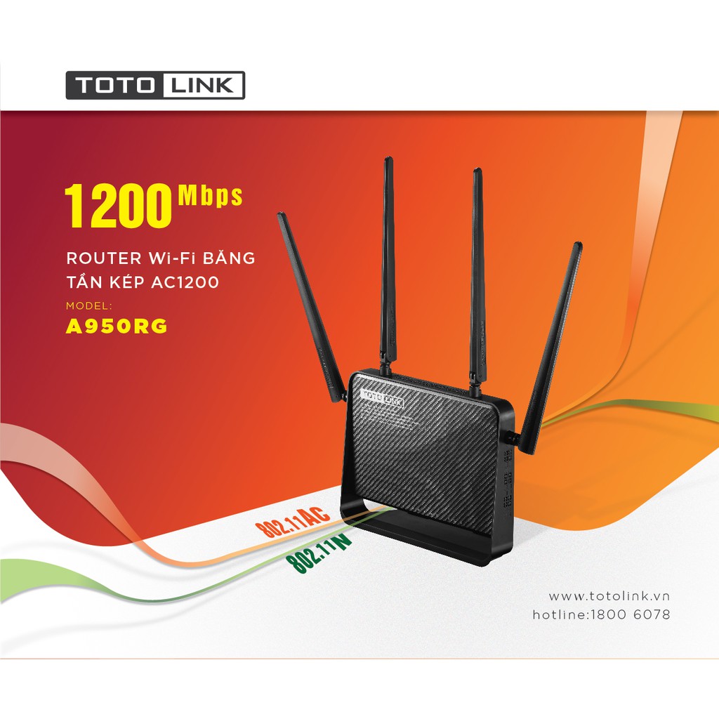 [Mã 159ELSALE hoàn 7% đơn 300K] Bộ phát Wi-Fi băng tần kép AC1200 Totolink A950RG