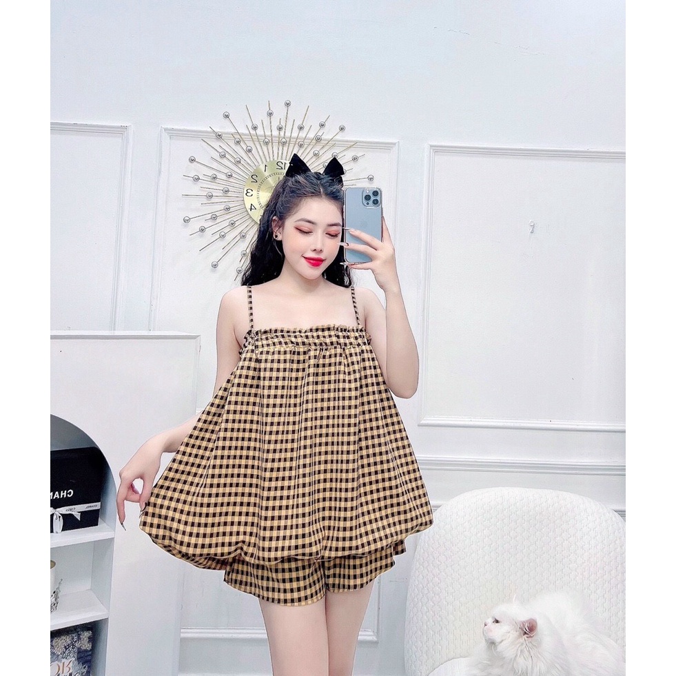 ( MIỄN PHÍ SHIP 2022) Set bộ ngủ nữ áo hai dây, set bộ bí caro nữ ngắn mặc ở nhà, đi chơi dễ thương