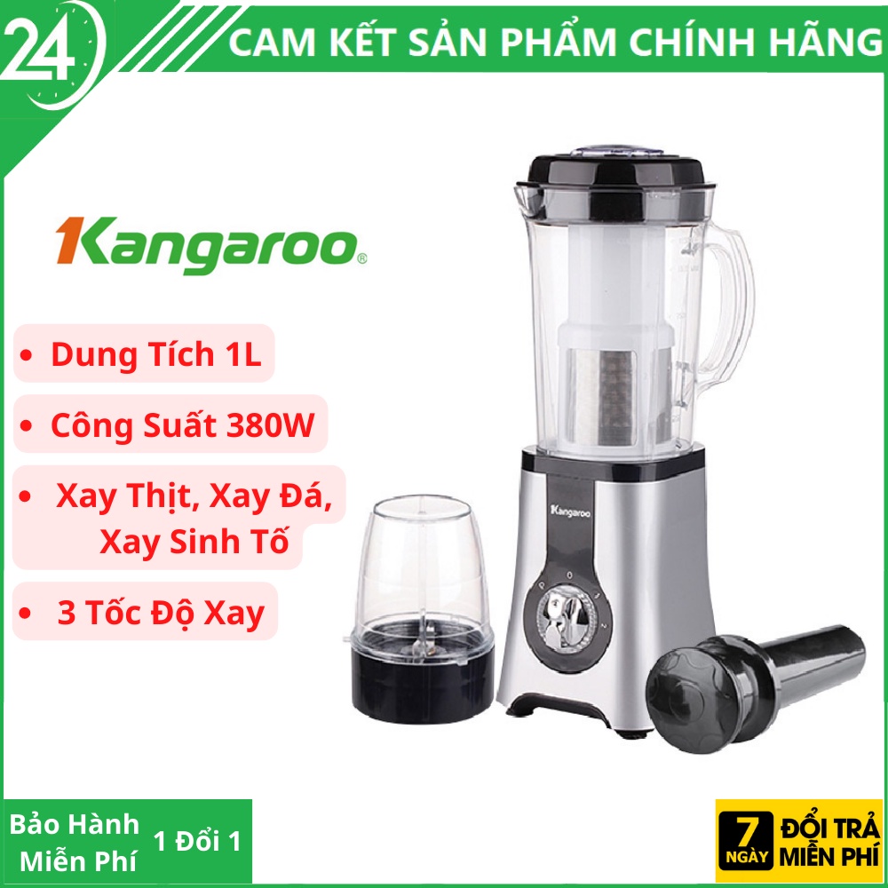 Máy xay sinh tố Kangaroo KG2B3, Cối xay sinh tố 1 lít công suất 380W kèm 2 cối xay thịt, xay đá, xay sinh tố - BH 1 Năm