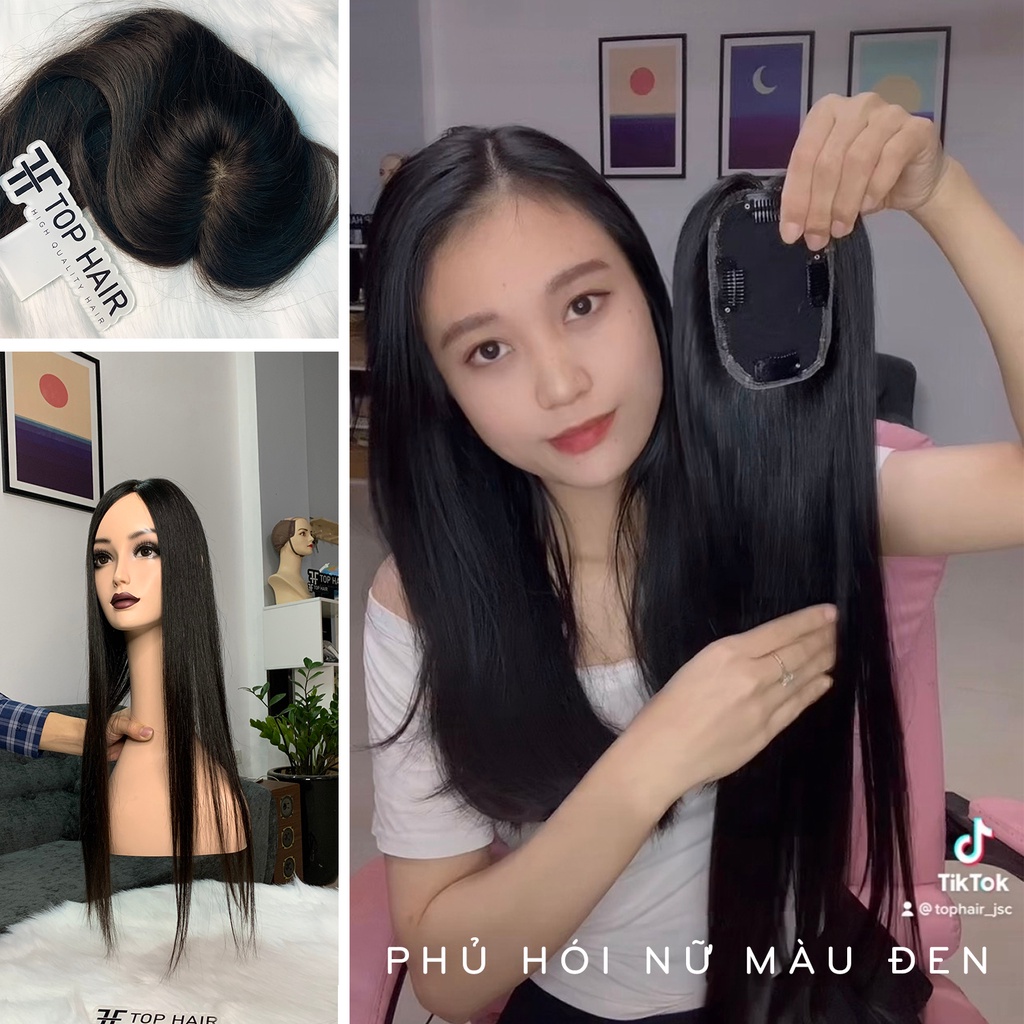 Tóc phủ hói, phủ bạc, phủ mái nữ siêu da bằng tóc thật màu đen tự nhiên (Hàng sẵn)