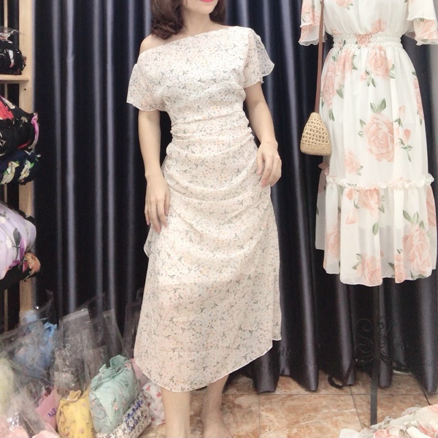 ĐẦM MAXI NHÚN EO LỆCH VAI (nhiều màu, khách đặt ob shop ktra hàng còn - hết nhé?