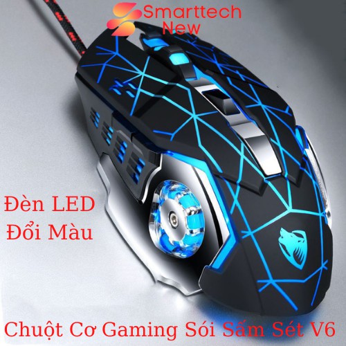 Chuột Máy Tính Chuột Cơ Gaming Có Dây V6 T - WOLF Có Đèn Led Full Led Đổi Màu Liên Tục, Siêu Nhạy, Đế Di Kim Loại