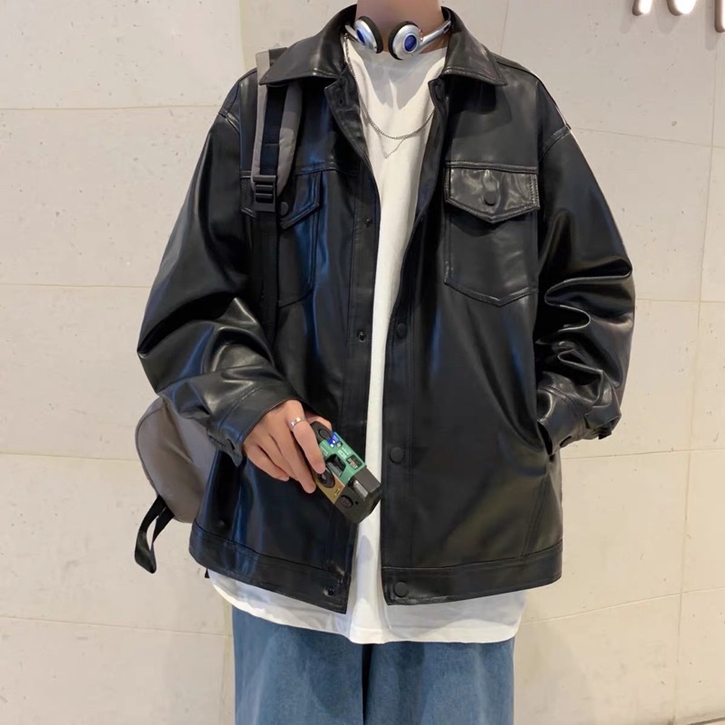Áo Khoác Leather Jacket Da PU Form Rộng Oversize Màu Đen Nâu Tay Dài Nam Nữ