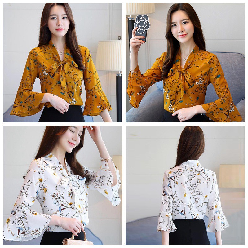 Áo Voan Hoa Tay Loe Cổ Chữ V Xinh Xắn Thanh Lịch Cho Nữ