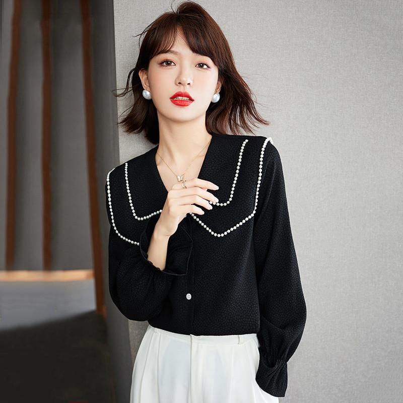 Áo sơ mi đen tay dài cổ búp bê thời trang mùa thu 2021 cho nữ