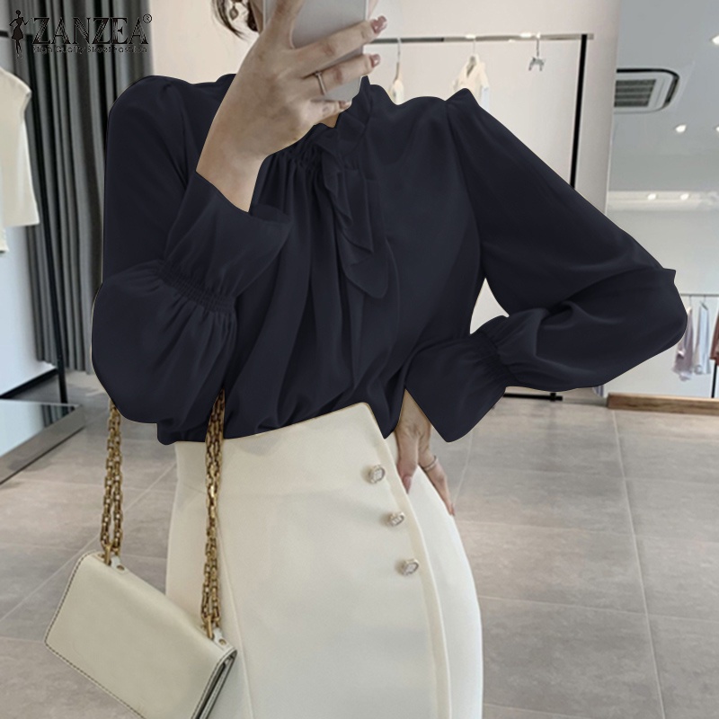 Áo Zanzea kiểu tay dài loe thắt dây màu trơn phong cách Hàn Quốc dành cho nữ