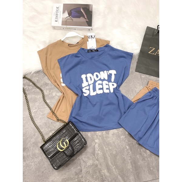 SNU332 BỘ ĐÙI NỮ COTTON ÁO I DONT SLEEP XANH NÂU | BigBuy360 - bigbuy360.vn