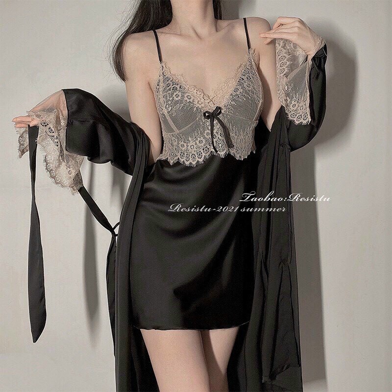 sét 2 món đồ ngủ lụa áo choàng và váy lụa siêu xinh hàng qc cao cấp- hàng sẵn