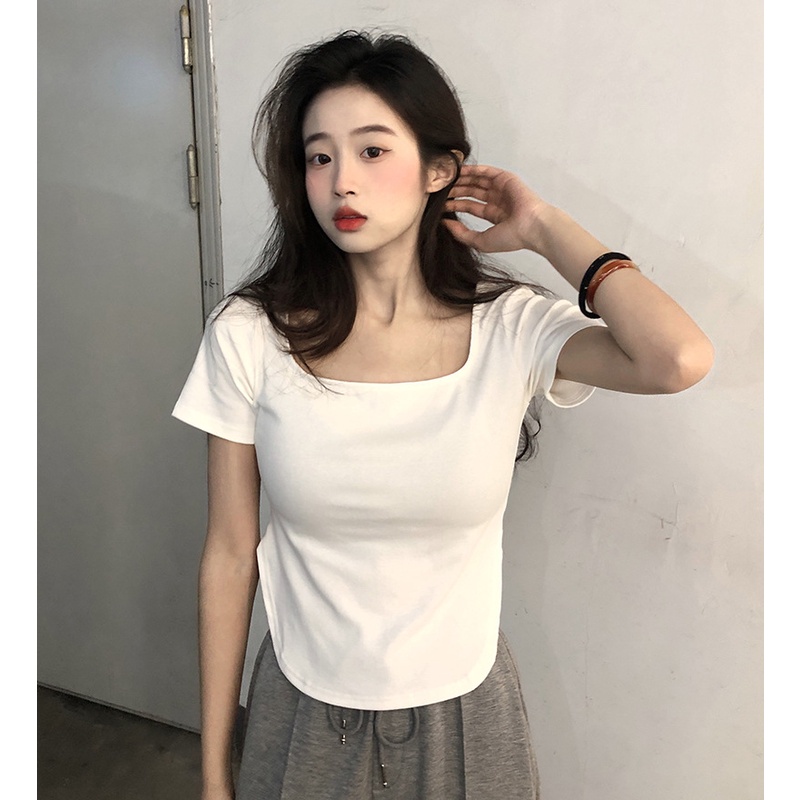WANGJIAOZHAN Áo croptop thun ngắn tay cổ chữ u thiết kế mới mỏng quyến rũ thời trang