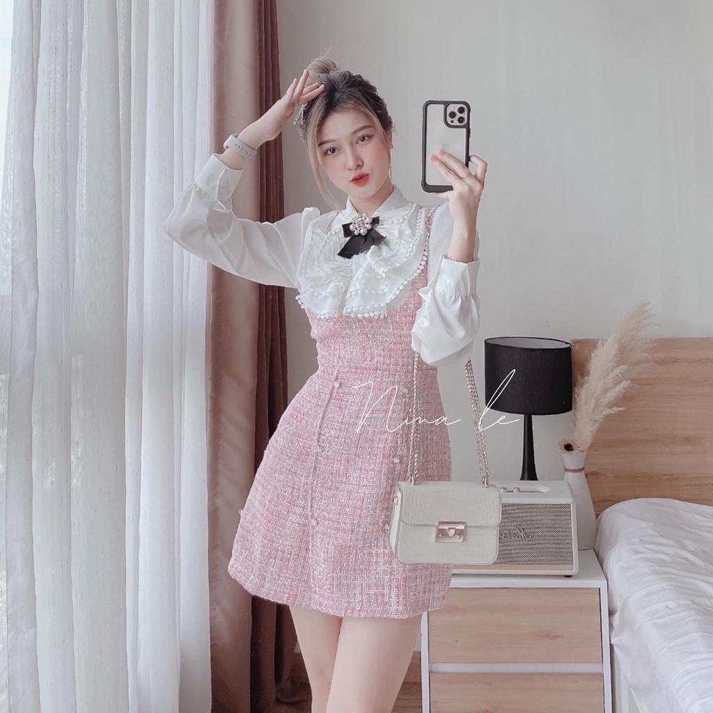 Váy dạ nhũ phối sơ mi 2 lớp cổ bèo DN268