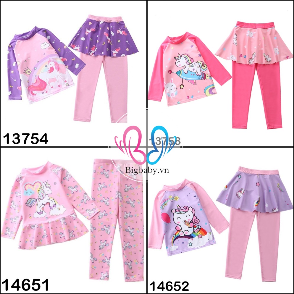 Bộ bơi Bigbaby, bộ bơi tay dài quần dài/ bộ liền váy kèm nón cho bé gái họa tiết pony siêu đáng yêu cho bé 17-42KG