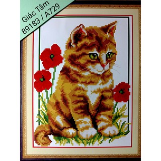 Tranh thành phẩm CON MÈO - 7x5cm - 89183 / A729 - MẸO BÔNG HOA  - tranh thành phẩm đã có khung