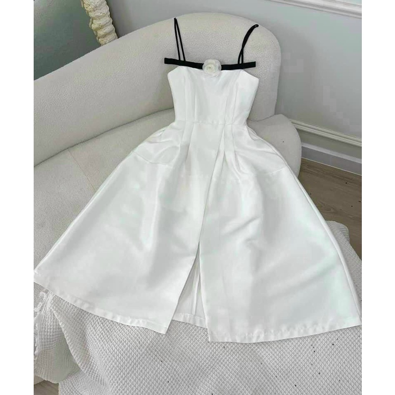 [9.9 Sales Freeship] Đầm nữ 2 dây đính đính hoa trước ngực, đầm đi tiệc dáng dài xẻ tà chất tapda cực sang trọng dx