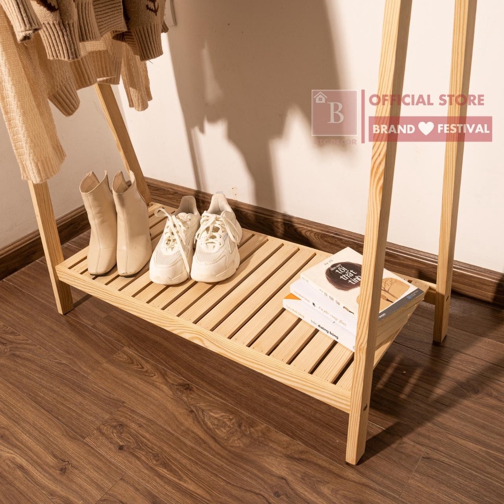 Giá Treo Quần Áo Gỗ Thông 1 Tầng BTC DECOR - Màu Sắc Tự Nhiên, Kích Thước 150 X 82 X 35 cm - BH 12 Tháng