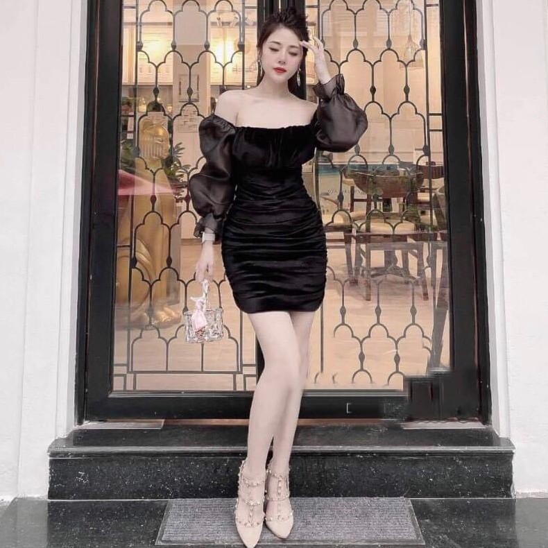 (Sẵn) Đầm nhung cổ vuông body - Váy cách tân tay voan ( có ảnh thật ) | BigBuy360 - bigbuy360.vn