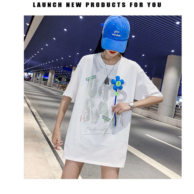 Áo Thun Nữ Ngắn Tay Cổ Tròn Đính Đá Xanh Dương