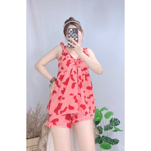 Đồ bộ ngủ mặc nhà tiểu thư tay cánh tiên họa tiết bò sữa
