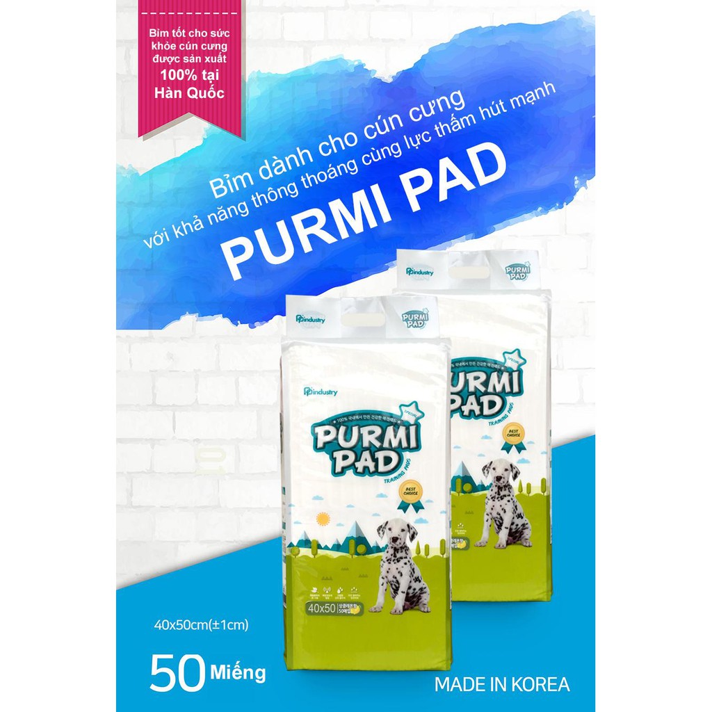 Tấm lót vệ sinh Purmi Pad (43x53cm - 50 miếng) (NK Hàn Quốc) (Thảm lót vệ sinh, bỉm, tấm lót chuồng)