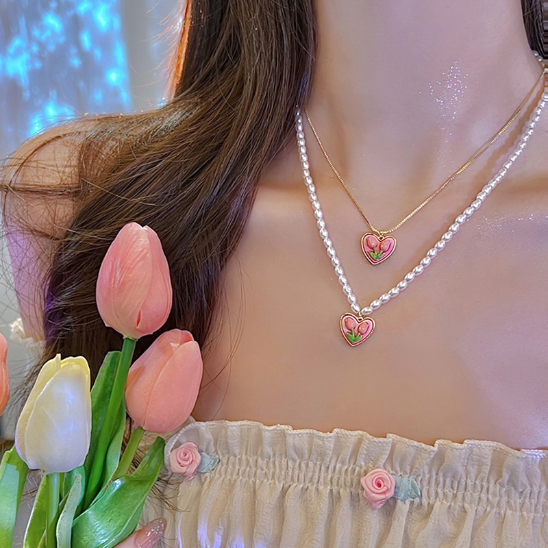 Vòng cổ Mặt Hình Hoa Tulip Và Cánh Thiên Thần Đính Ngọc Trai Thanh Lịch Cho Nữ