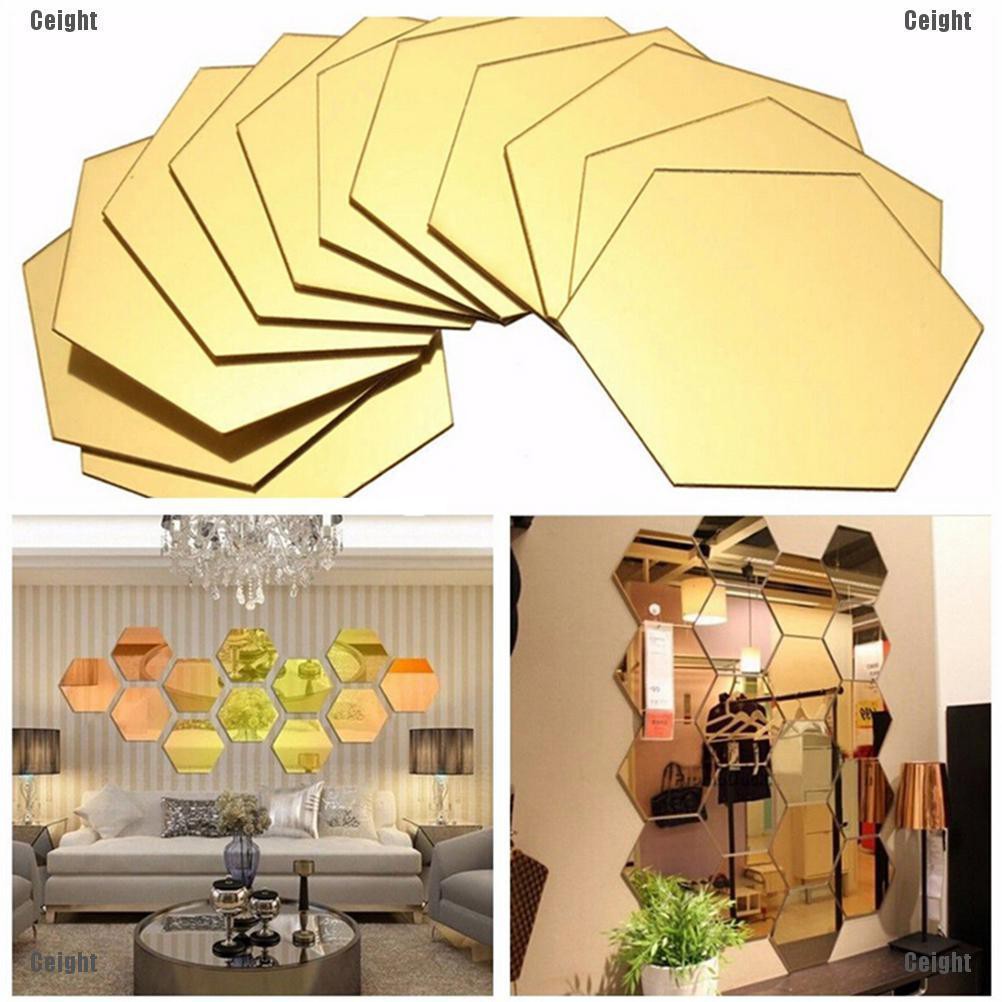Bộ 12 Miếng Dán Tường Tráng Gương Hình Lục Giác 3D Độc Đáo Trang Trí Nhà Cửa