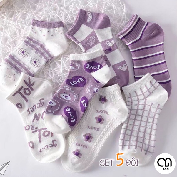 Tất Vớ Cổ Ngắn Nữ Họa Tiết Gấu Dễ Thương Chất Liệu Cotton Màu Tím Đẹp Thời Trang