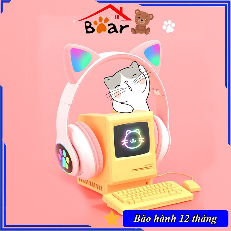 Tai nghe bluetooth chụp tai cute dễ thương, Headphone có đèn led 7 màu nhấp nháy, Tai mèo có thể tắt đèn