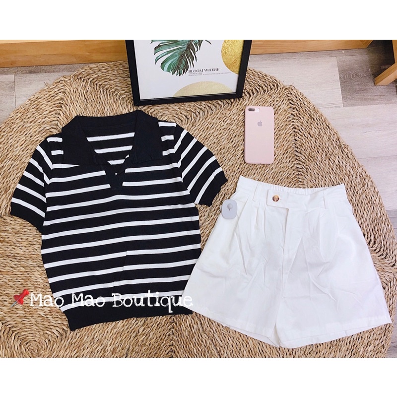 [Free Ship][Ảnh Thật] Áo len Nữ mongtoghi kẻ 2 màu đen/be | BigBuy360 - bigbuy360.vn