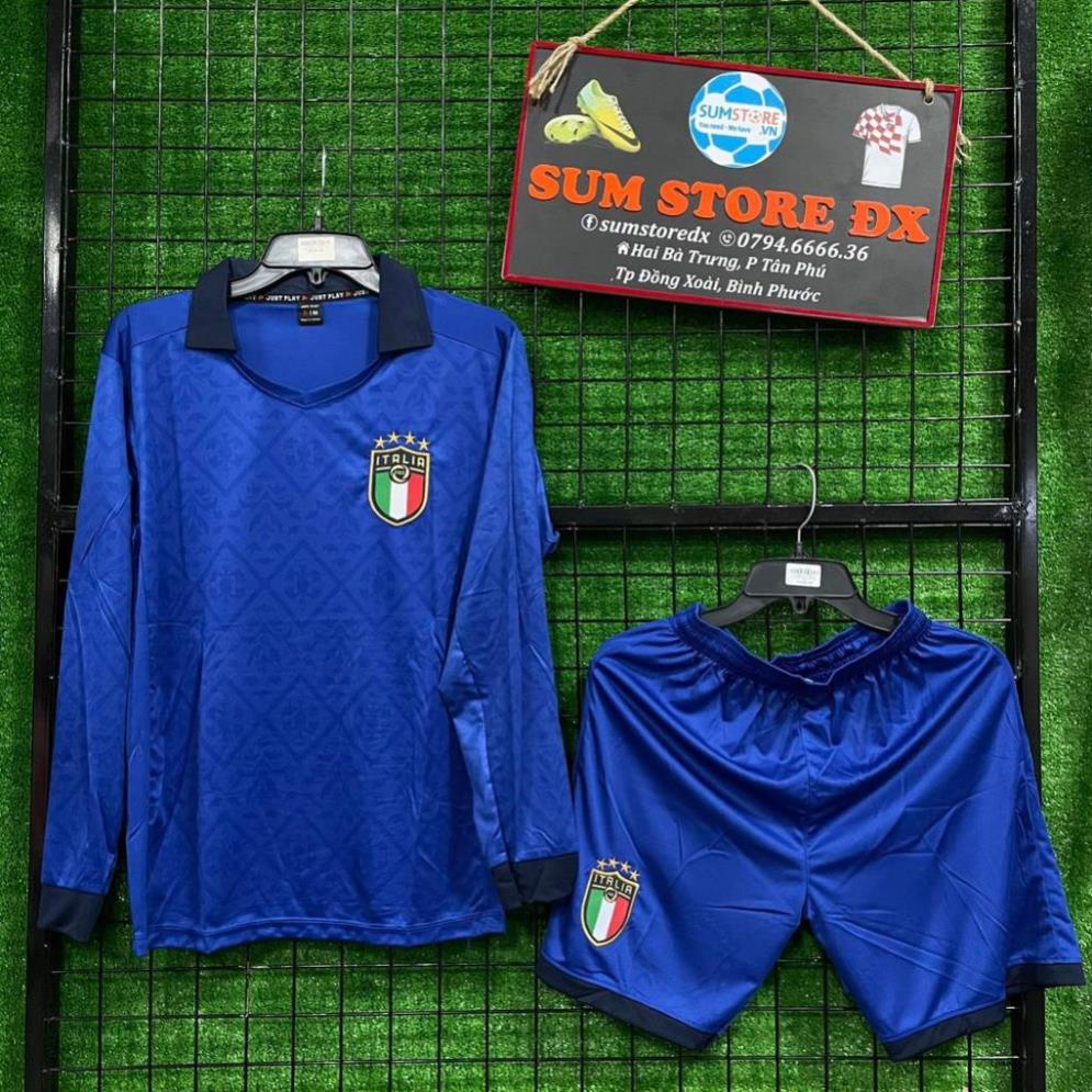 Quần Áo Đá Bóng Ý Xanh Cổ Bẻ Dài Tay 2020_Mẫu Áo Đấu Italia Hot, Giá Tốt ! .