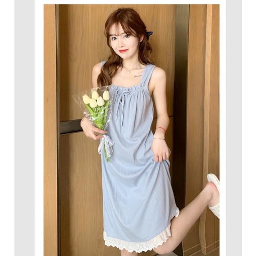 Váy Ngủ Hai Dây Đầm Ngủ Mặc Ở Nhà Chất Thun Cotton Có Diêm Dễ Thương Thoải Mái Phong Cách Hàn Quốc
