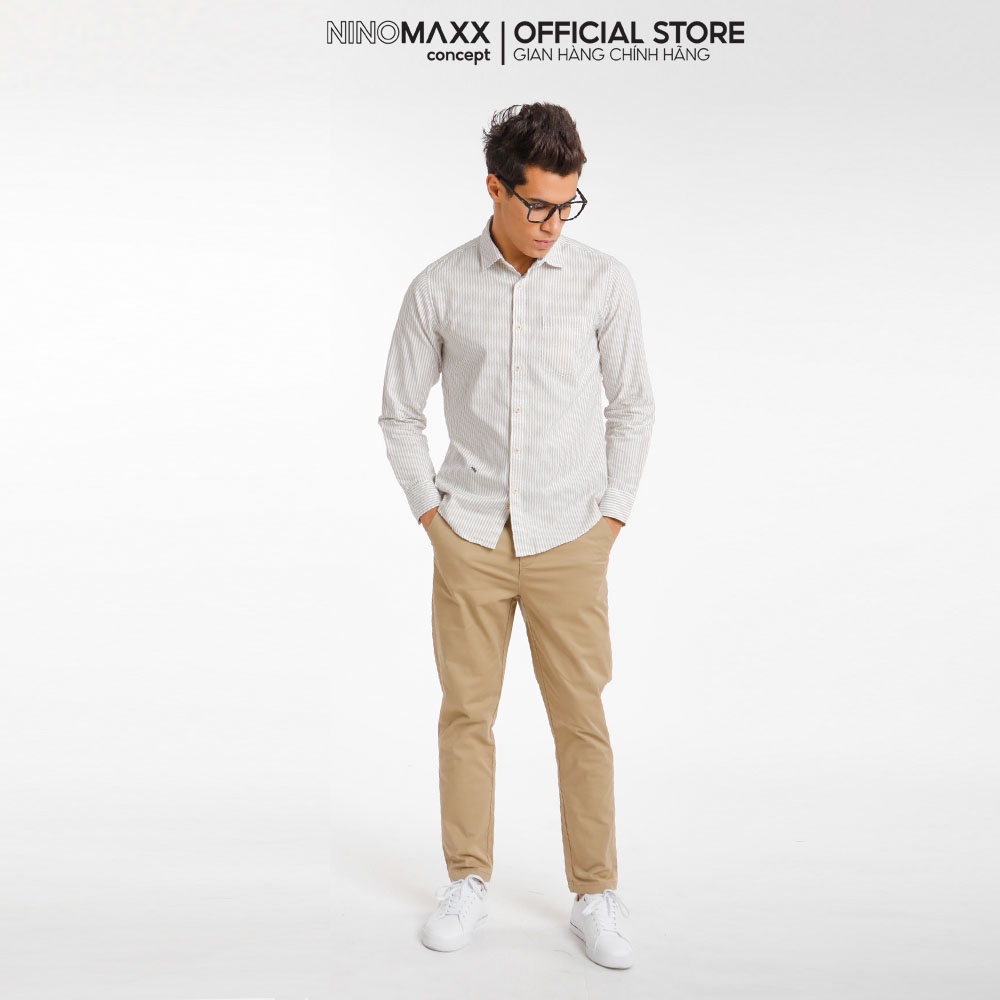 Ninomaxx Áo Sơ Mi Nam dài tay màu kem có họa tiết sọc 100% cotton 1911104