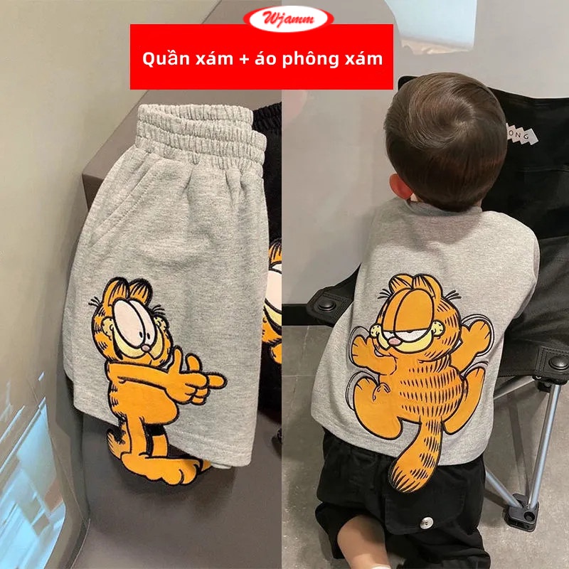 Bộ Áo Thun Thêu Hình Mèo Garfield Dễ Thương Thời Trang Mùa Hè Cho Bé Trai