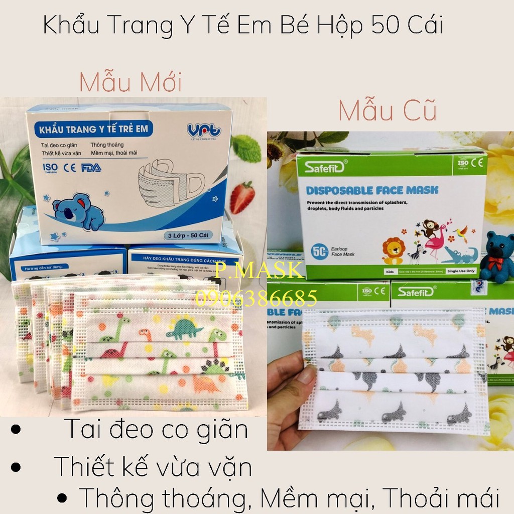 Khẩu trang y tế cho bé 3 lớp kháng khuẩn hộp 50 cái màu Xanh/ in hình dễ thương – Khẩu trang cho bé từ 6 – 13 tuổi