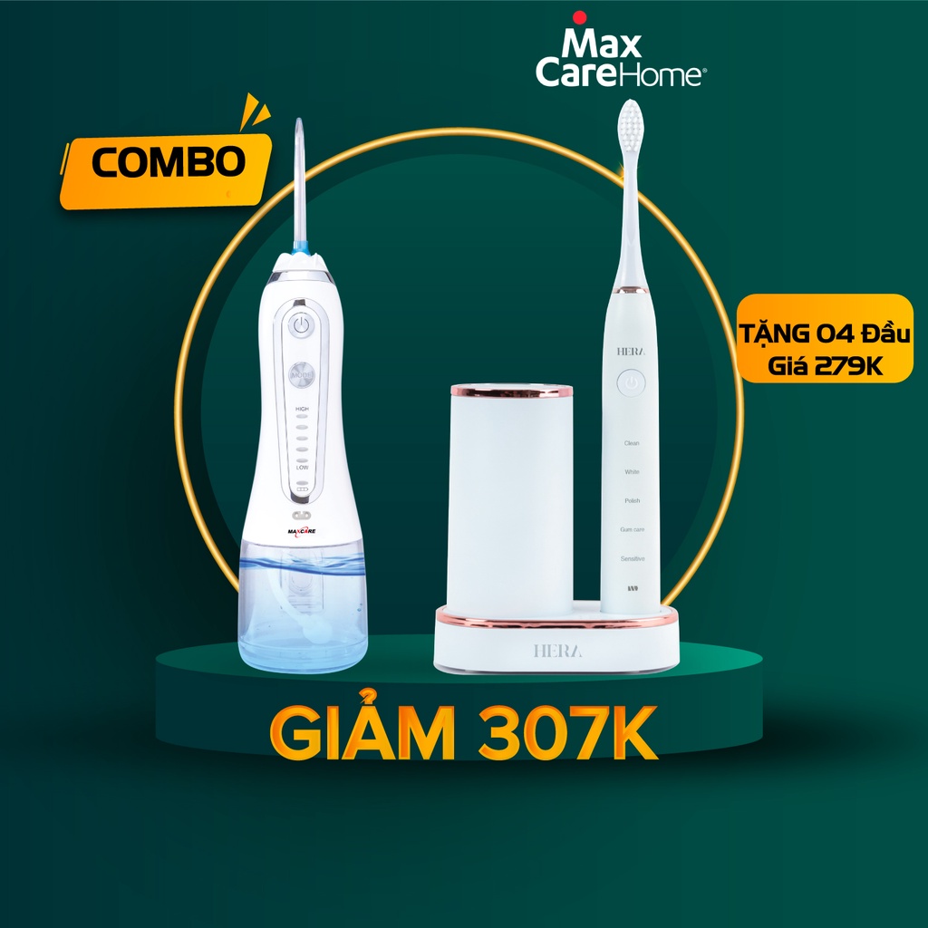 [COMBO GIẢM 320K] Máy tăm nước cầm tay Maxcare Max456S + Bàn chải điện sóng siêu âm Maxcare Hera Whitening