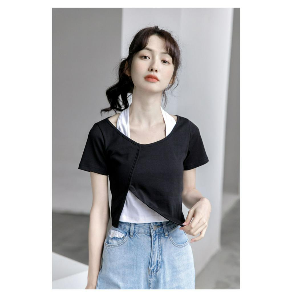 Set Áo Thun Không Tay + Chân Váy Màu Tương Phản Phong Cách Mới Cho Nữ