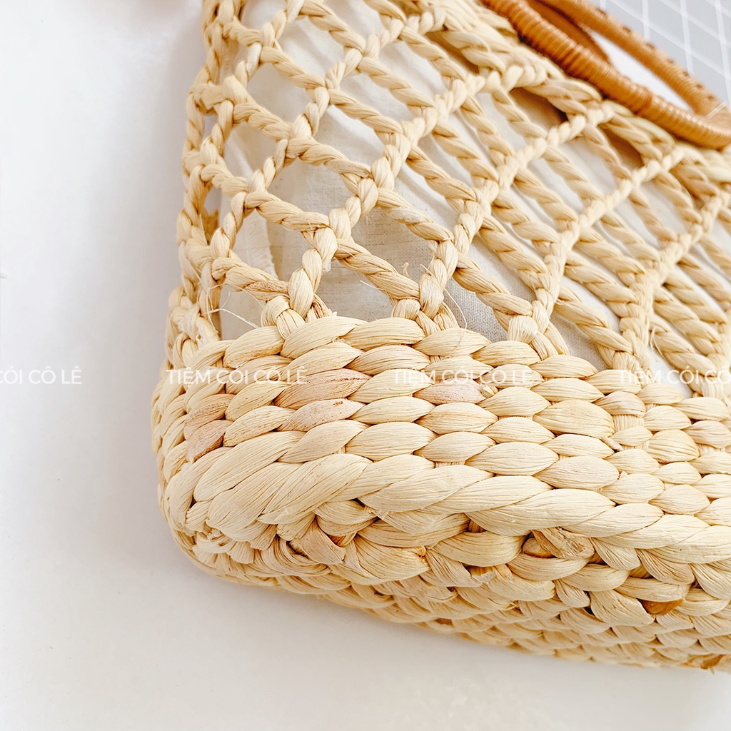 Túi lục bình đan ô size 30cm quai xách tròn xinh xắn - Tiệm Cói Cô Lê