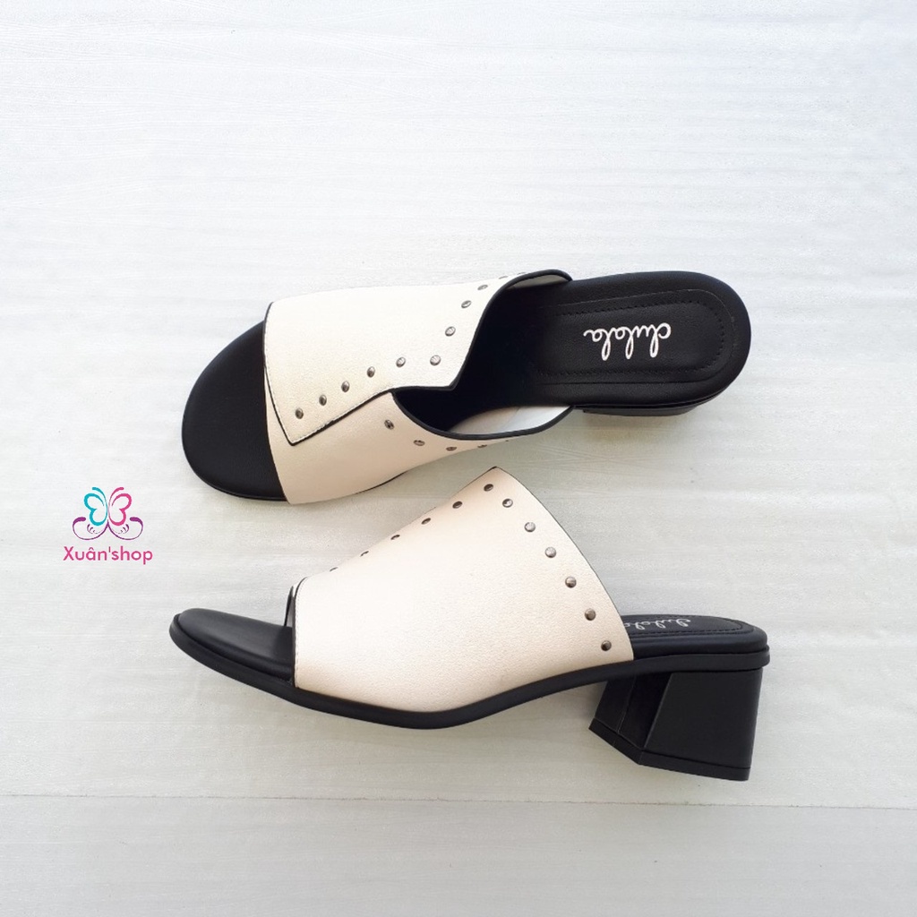 Dép thời trang Daphne da mềm, quai bản rộng, gót vuông cao 5cm