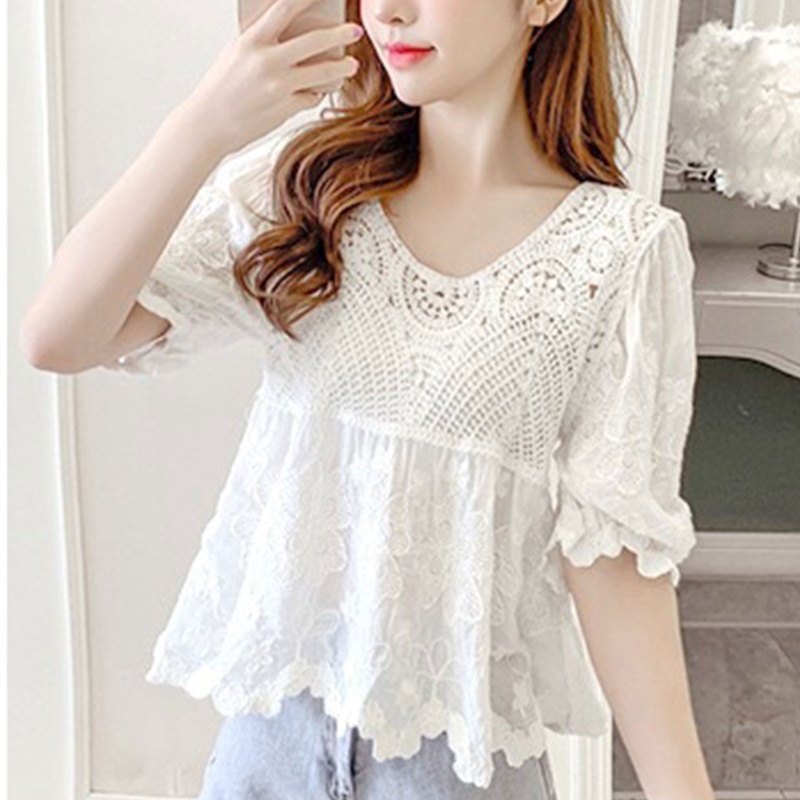 Brroa Áo Dệt Kim Tay Lửng Phồng Cổ Chữ V Xếp Ly Dáng Rộng Thêu Họa Tiết Rỗng Cho Nữ