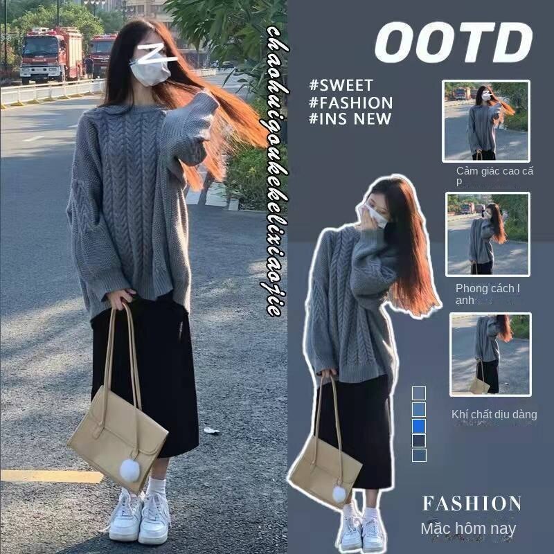 Set Áo Sweater Cổ Tròn Dáng Rộng Phối Chân Váy Thời Trang Thu Đông 2023 Mới