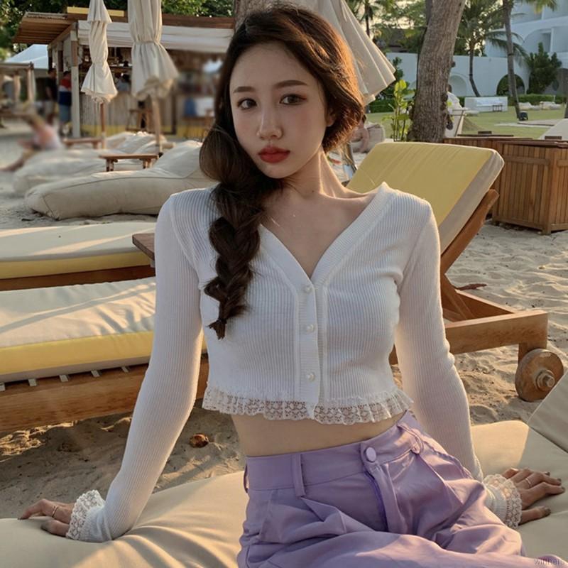 Áo Len Dệt Kim Tay Dài Phối Ren Kiểu Dáng Quyến Rũ Cho Nữ | BigBuy360 - bigbuy360.vn