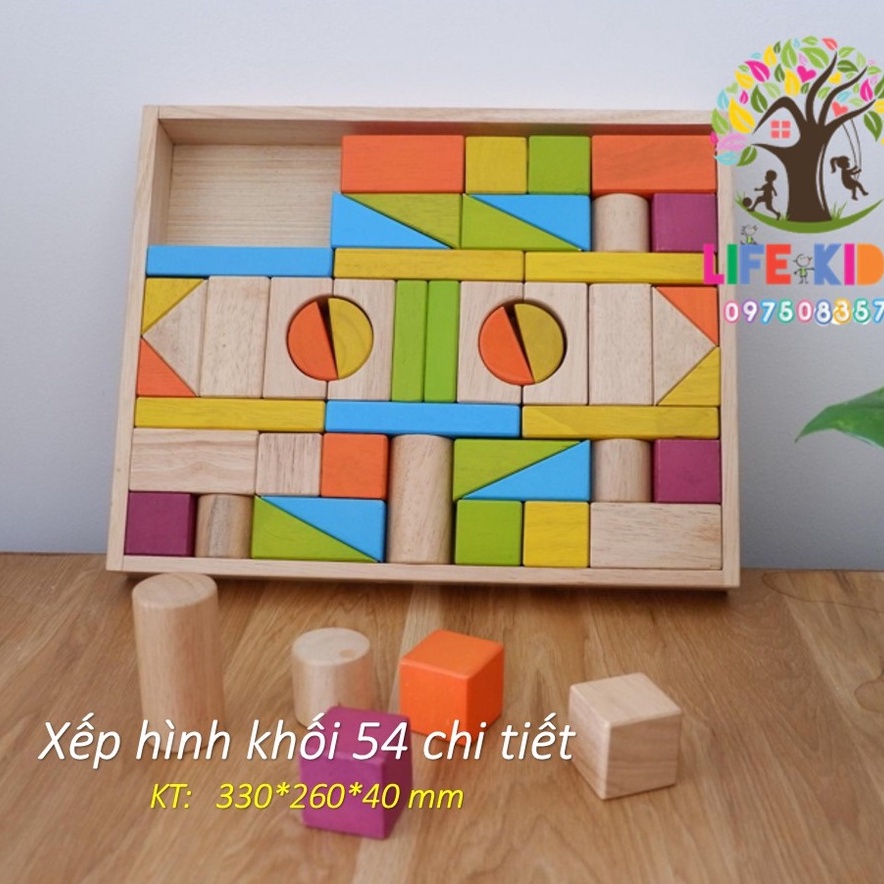 Đồ chơi gỗ - Bộ xếp hình xây dựng 54 hình khối cho bé sáng tạo tặng kèm sách hướng dẫn xếp