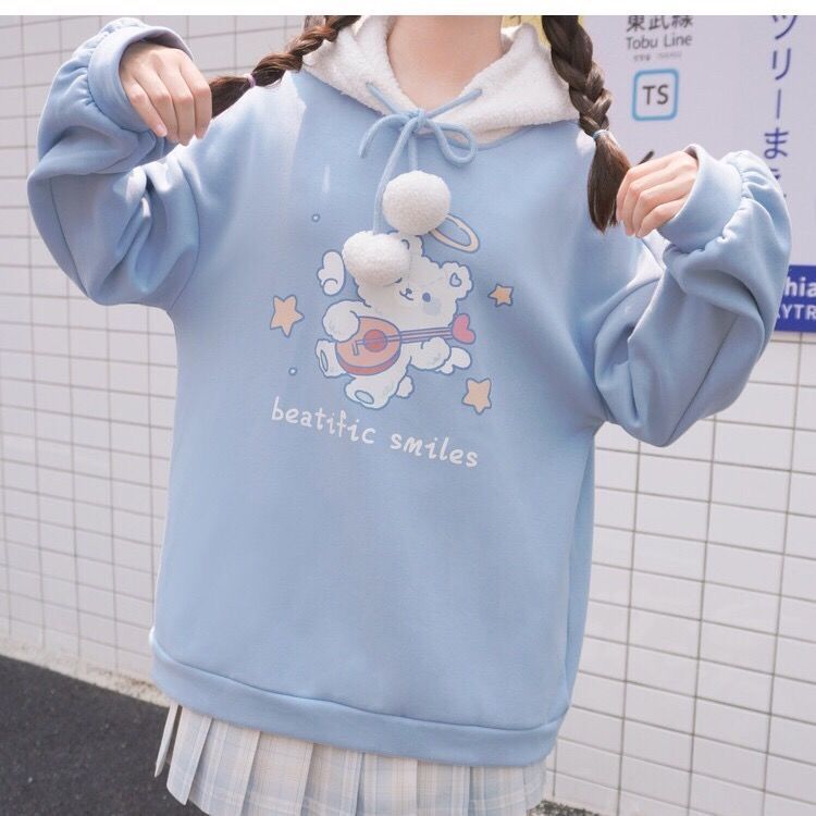 Áo hoodie nhung dày xinh xắn phong cách Nhật Bản thời trang dành cho nữ