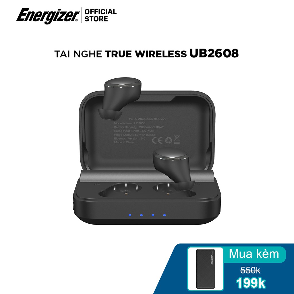Tai nghe True Wireless Energizer UB2608, kèm hộp sạc di động, chống thấm nước IPX4
