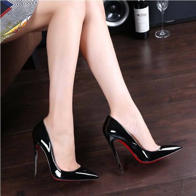 Giày cao gót mũi nhọn màu đen bóng cao 11-12cm | Shopee Việt Nam