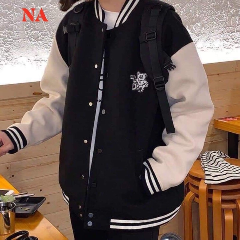 Áo khoác bomber nỉ tay trắng in gấu tim CH12
