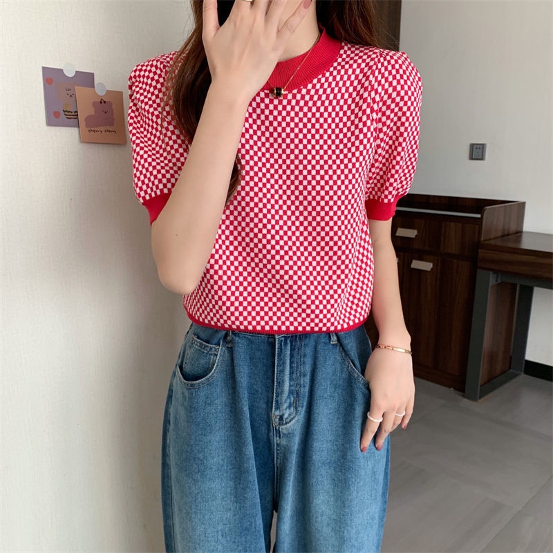 Áo dệt kim Pure Cube ngắn tay họa tiết kẻ sọc caro màu sắc tương phản thời trang mùa hè cho nữ